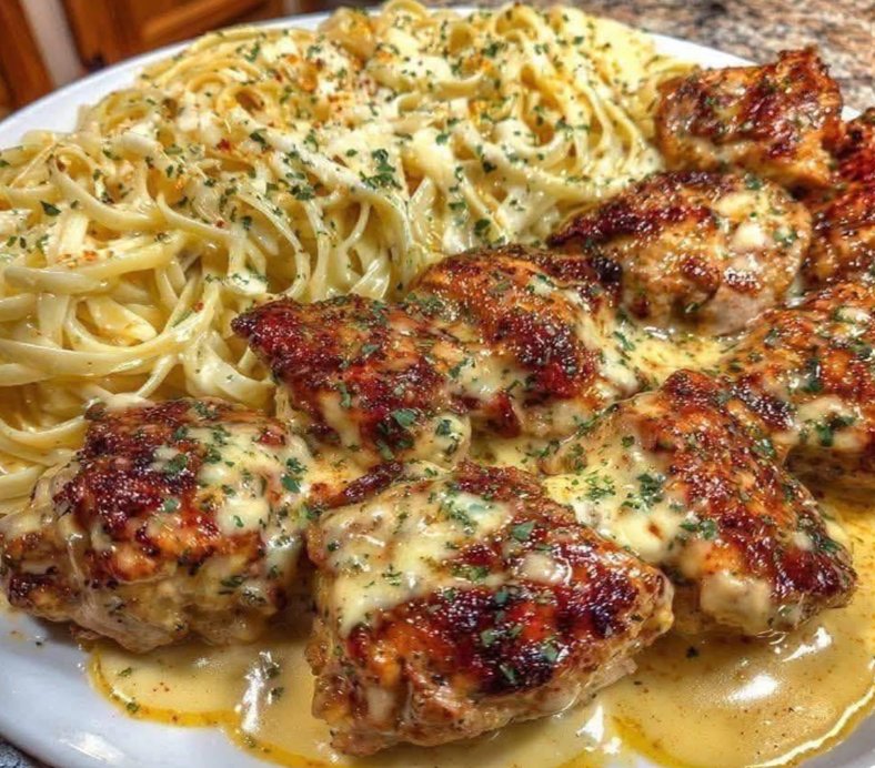 Golden Garlic Butter Chicken with Creamy Alfredo Linguine