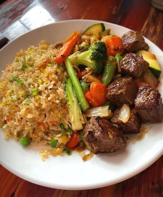 Garlic Steak Bites with Fried Rice & Veggies